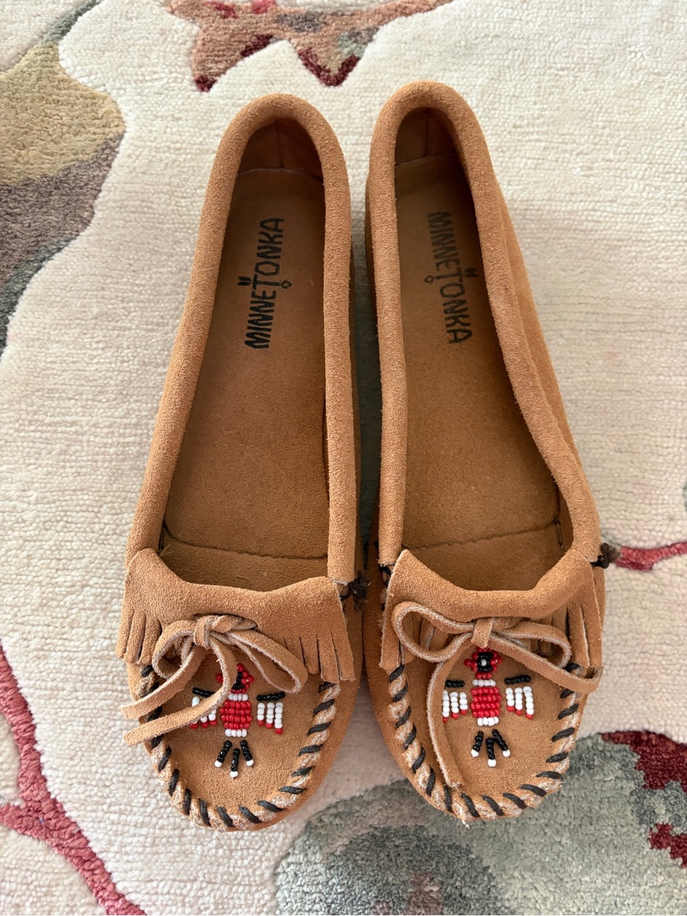 Minnetonka Tan Suede Beaded Thunderbird Moccasins